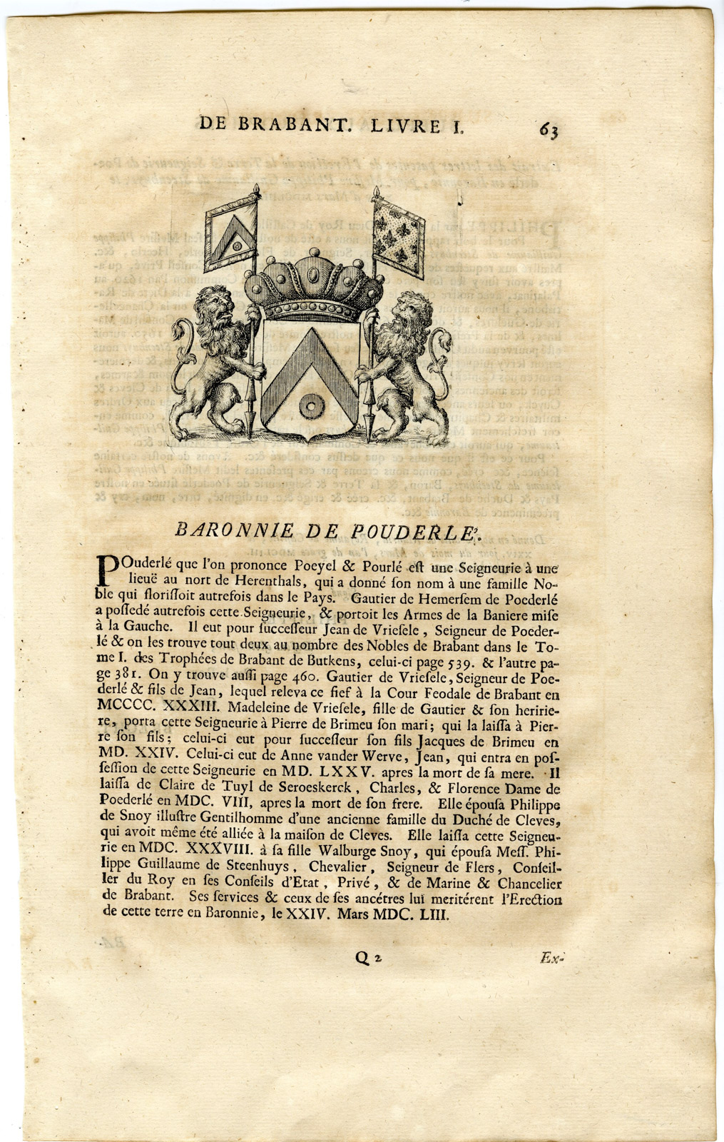 , Antique Print-COAT OF ARMS-BARONY OF POUDERLE-HERENTALS-Butkens-1724, Pictura Antique Prints