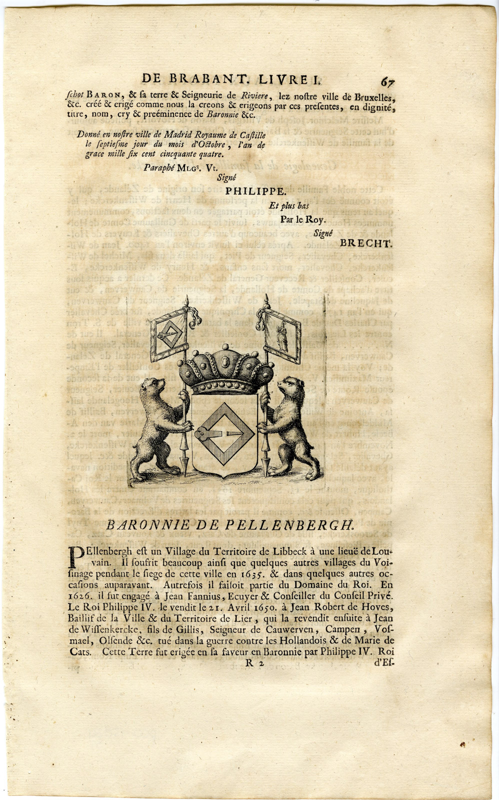 , Antique Print-COAT OF ARMS-BARONY OF PELLENBERGH-PELLENBERG-BELGIUM-Butkens-1724, Pictura Antique Prints