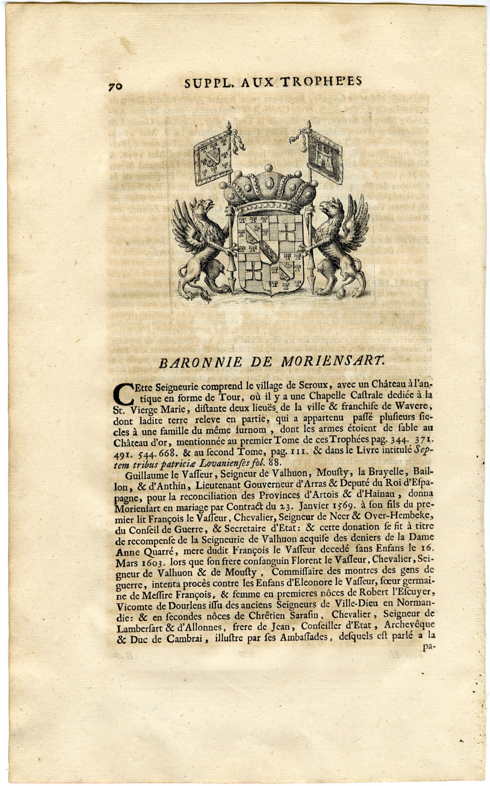 , Antique Print-COAT OF ARMS-BARONY OF MORIENSART-Butkens-1724, Pictura Antique Prints