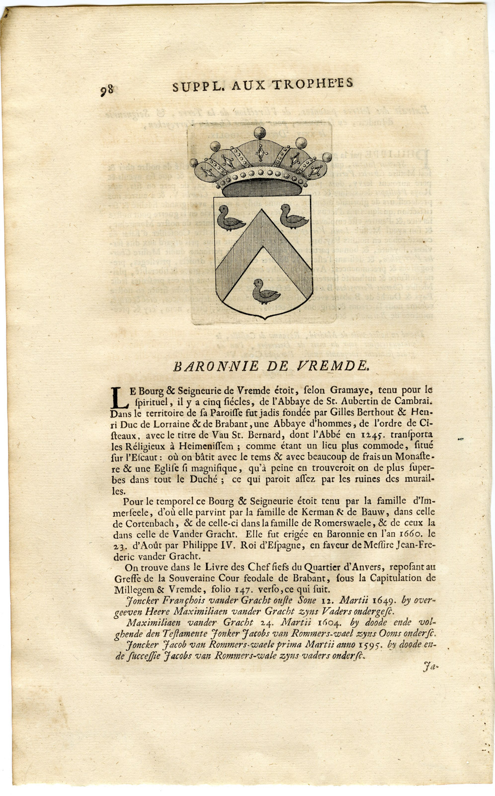 , Antique Print-COAT OF ARMS-BARONY OF VREMDE-VAN DER GRACHT-Butkens-1724, Pictura Antique Prints