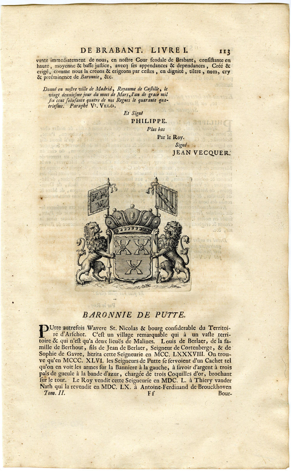 , Antique Print-COAT OF ARMS-BARONY OF PUTTE-Butkens-1724, Pictura Antique Prints