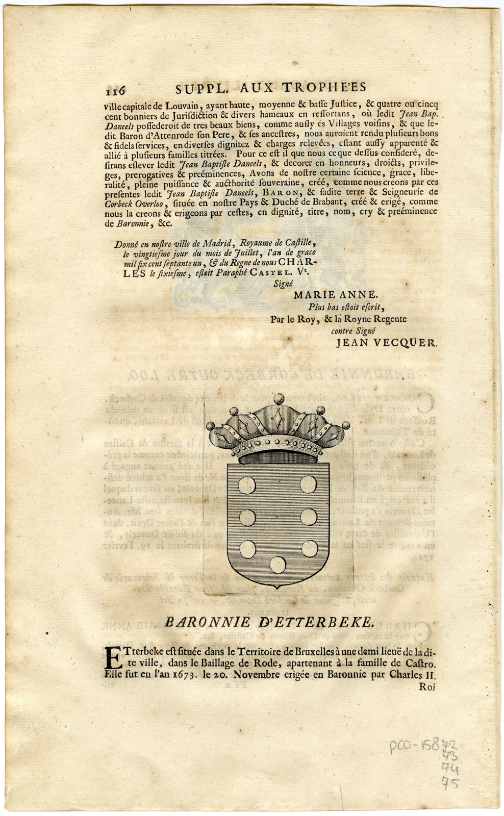 , Antique Print-COAT OF ARMS-BARONY OF CORBECK-LOO-ETTERBEEK-Butkens-1724, Pictura Antique Prints
