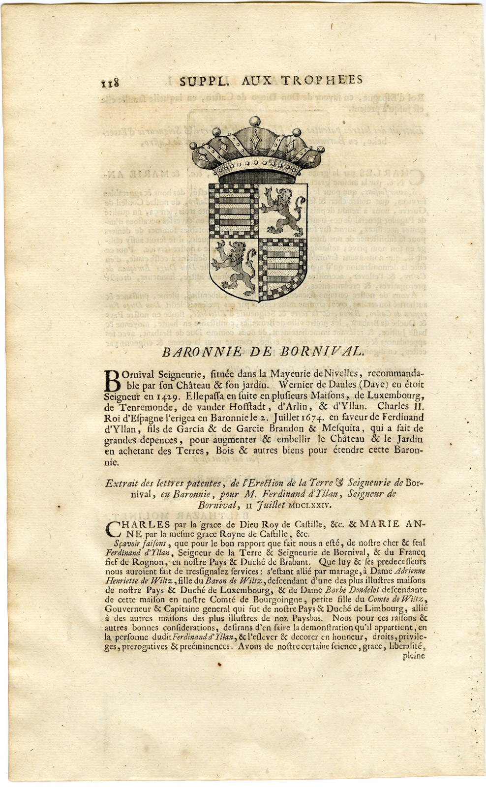 , Antique Print-COAT OF ARMS-BARONY OF BORNIVAL-Butkens-1724, Pictura Antique Prints