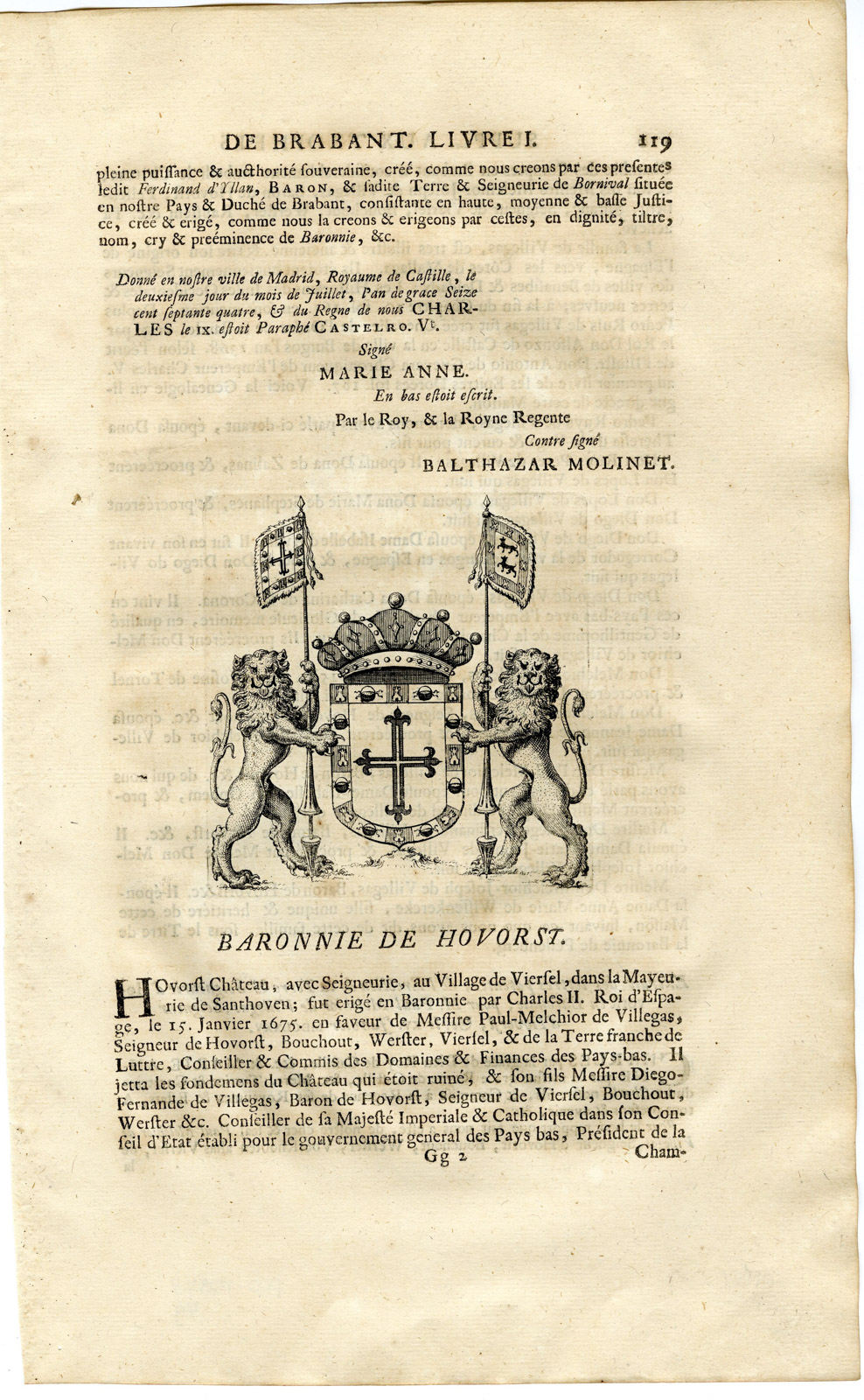 , Antique Print-COAT OF ARMS-BARONY OF HOVORST-Butkens-1724, Pictura Antique Prints