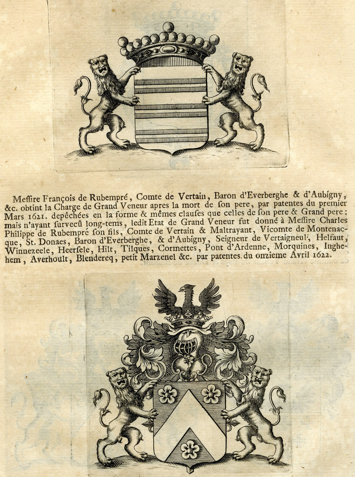 , Antique Print-COAT OF ARMS-DE RUBEMPRE-DE SOETE-D’ARLOY-LE COMTE-Butkens-1724, Pictura Antique Prints