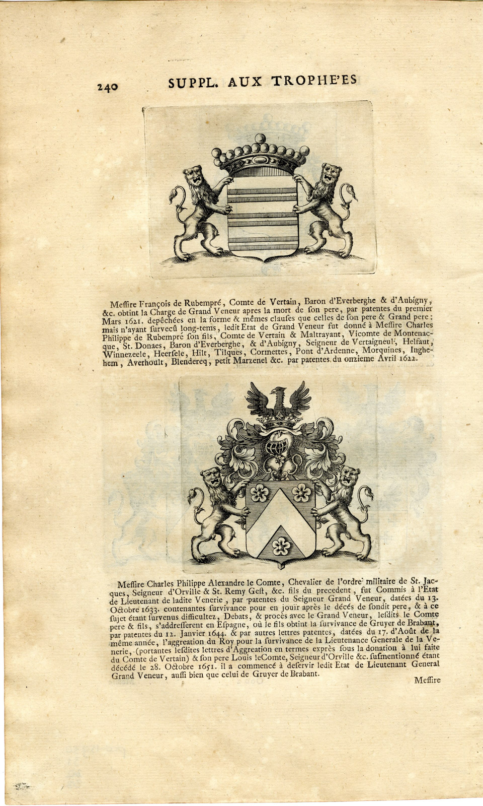 , Antique Print-COAT OF ARMS-DE RUBEMPRE-DE SOETE-D’ARLOY-LE COMTE-Butkens-1724, Pictura Antique Prints