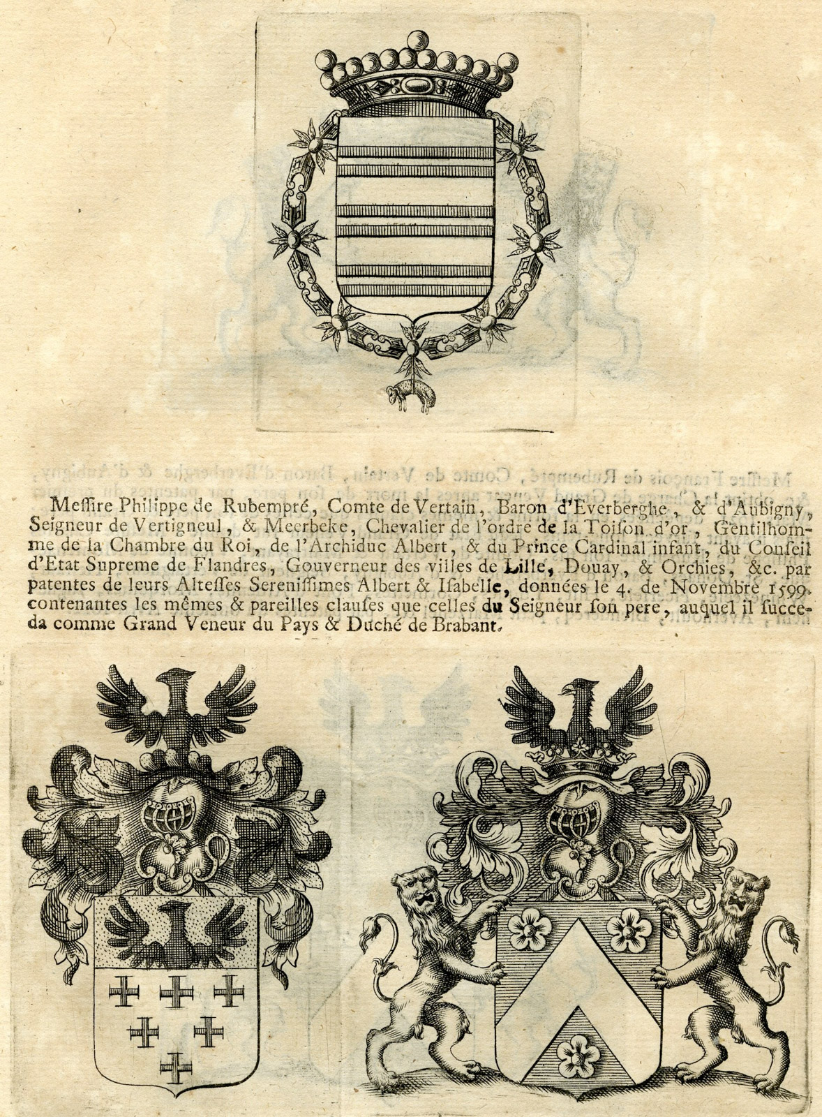 , Antique Print-COAT OF ARMS-DE RUBEMPRE-DE SOETE-D’ARLOY-LE COMTE-Butkens-1724, Pictura Antique Prints