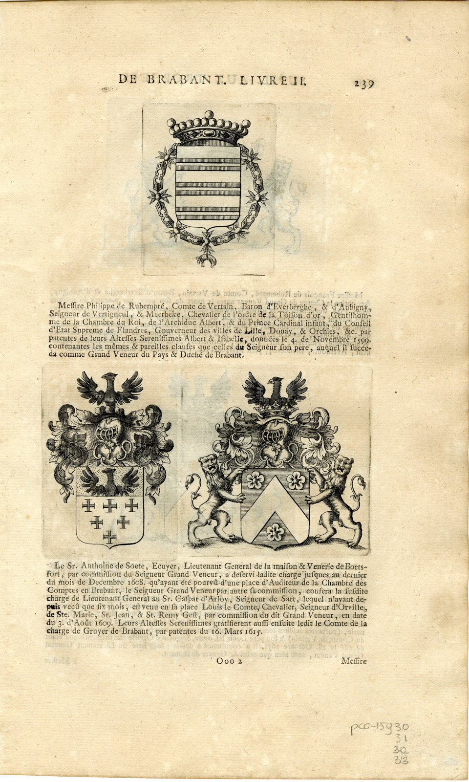 , Antique Print-COAT OF ARMS-DE RUBEMPRE-DE SOETE-D’ARLOY-LE COMTE-Butkens-1724, Pictura Antique Prints