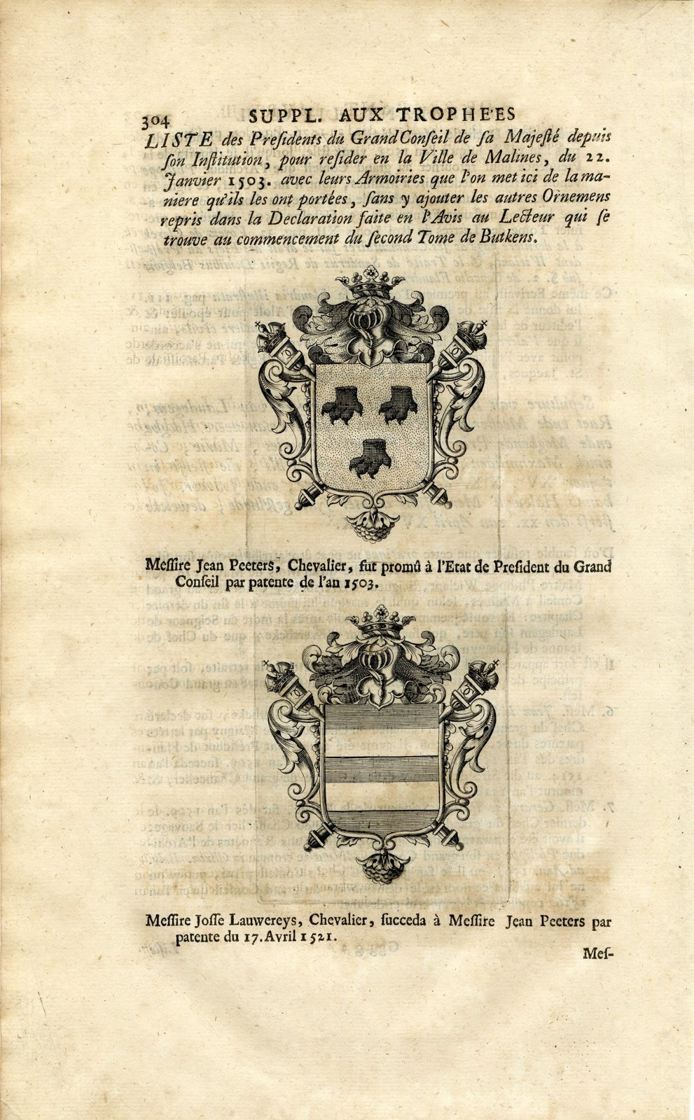 , Antique Print-COAT OF ARMS-PEETERS-LAUWEREYS-KNIGHTS-Butkens-1724, Pictura Antique Prints
