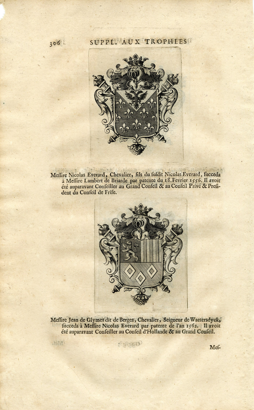 , Antique Print-COAT OF ARMS-EVERARD-BRIARDE-VAN GLYMES-VAN BERGEN-Butkens-1724, Pictura Antique Prints