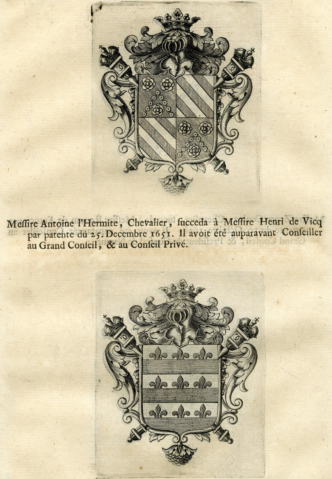 , Antique Print-COAT OF ARMS-COULEZ-DE VICQ-HERMITE-DE FRANCE-KNIGHTS-Butkens-1724, Pictura Antique Prints