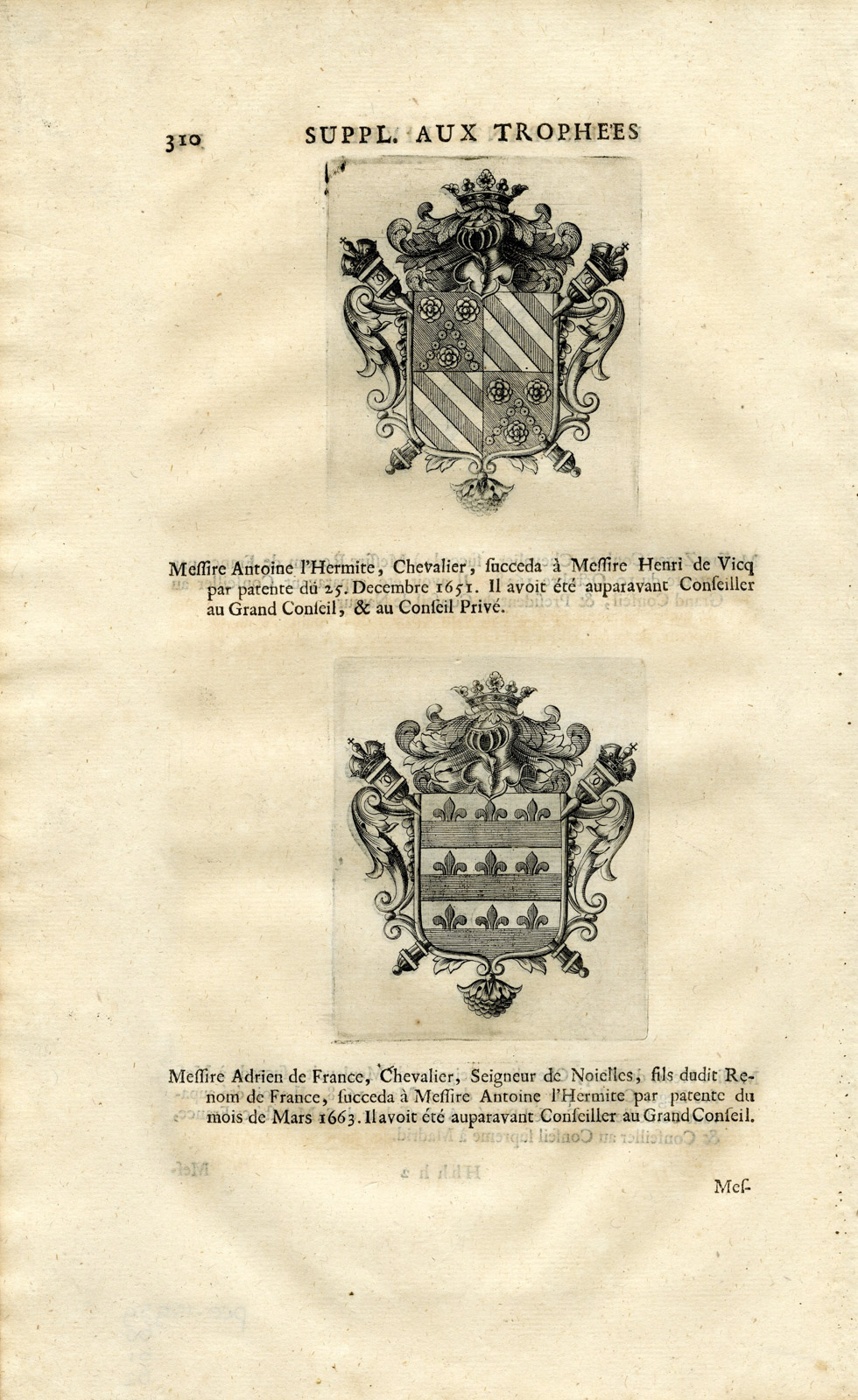 , Antique Print-COAT OF ARMS-COULEZ-DE VICQ-HERMITE-DE FRANCE-KNIGHTS-Butkens-1724, Pictura Antique Prints