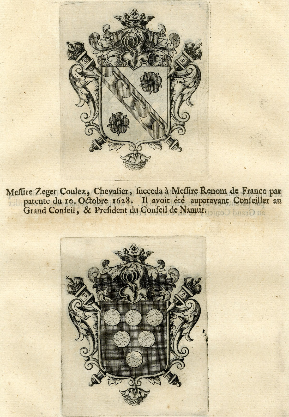 , Antique Print-COAT OF ARMS-COULEZ-DE VICQ-HERMITE-DE FRANCE-KNIGHTS-Butkens-1724, Pictura Antique Prints