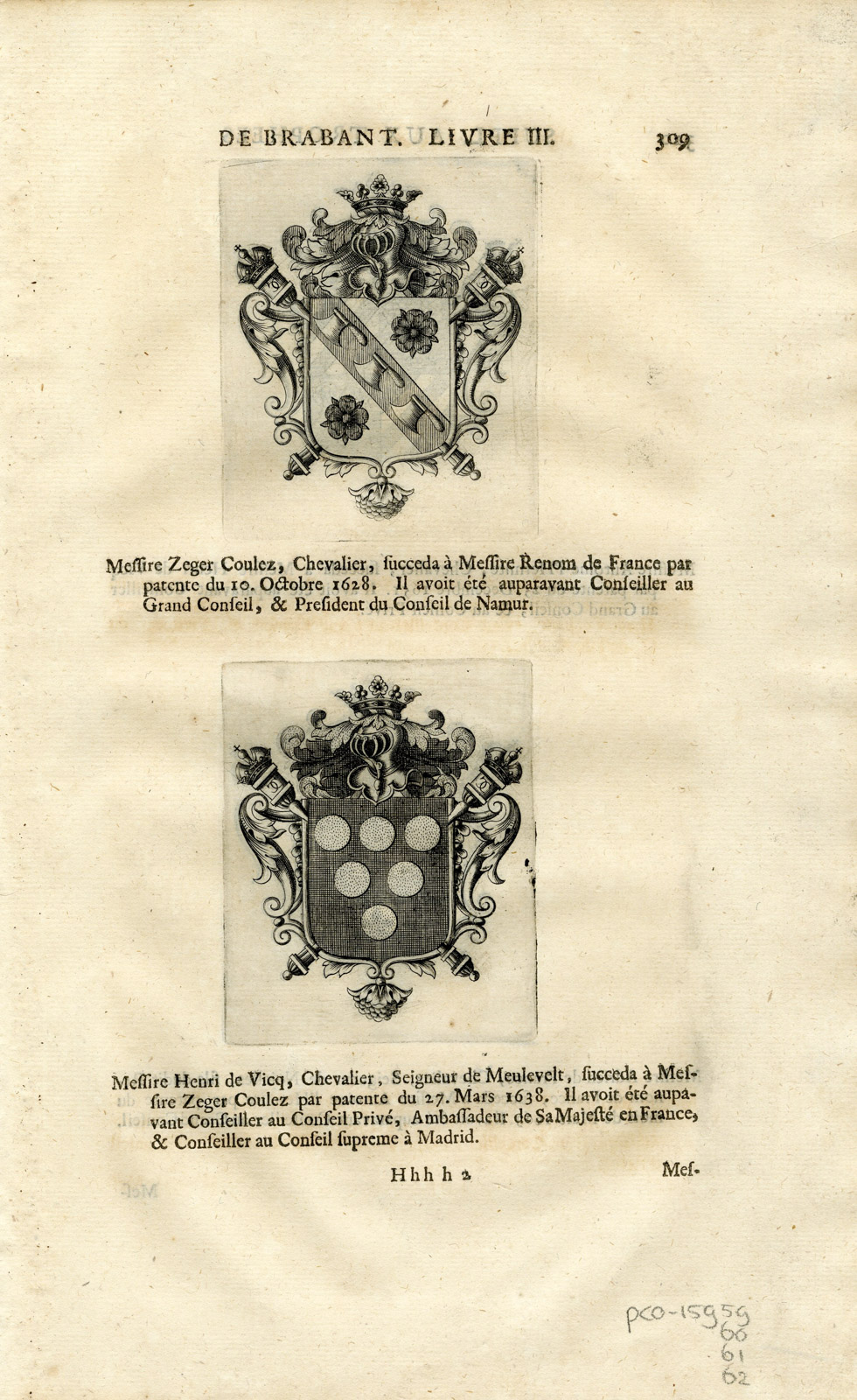 , Antique Print-COAT OF ARMS-COULEZ-DE VICQ-HERMITE-DE FRANCE-KNIGHTS-Butkens-1724, Pictura Antique Prints