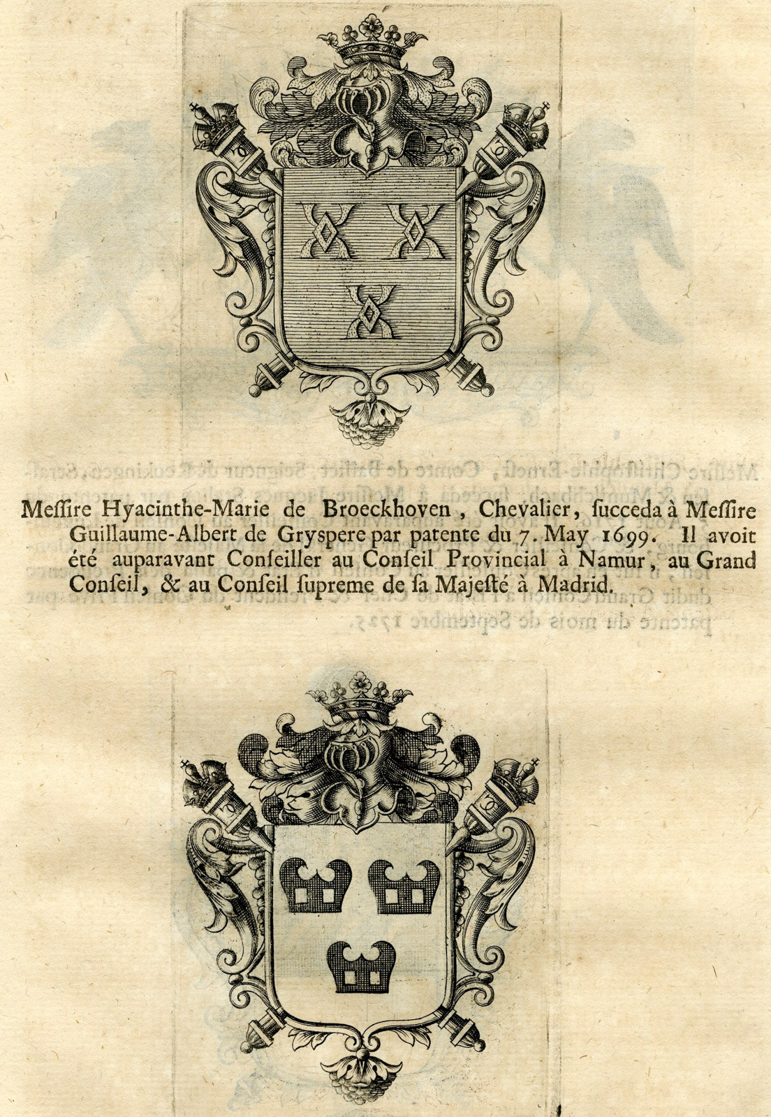 , Antique Print-COAT OF ARMS-BROUCKOVEN-STALINS-BAILLET-VAN VOLDEN-Butkens-1724, Pictura Antique Prints