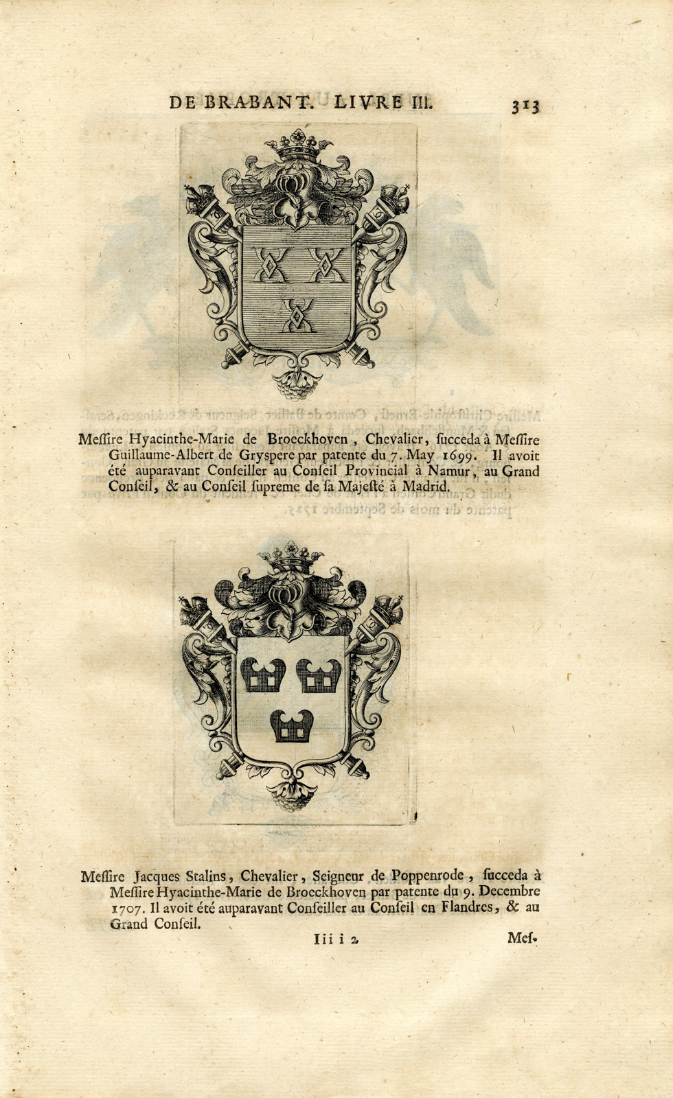 , Antique Print-COAT OF ARMS-BROUCKOVEN-STALINS-BAILLET-VAN VOLDEN-Butkens-1724, Pictura Antique Prints