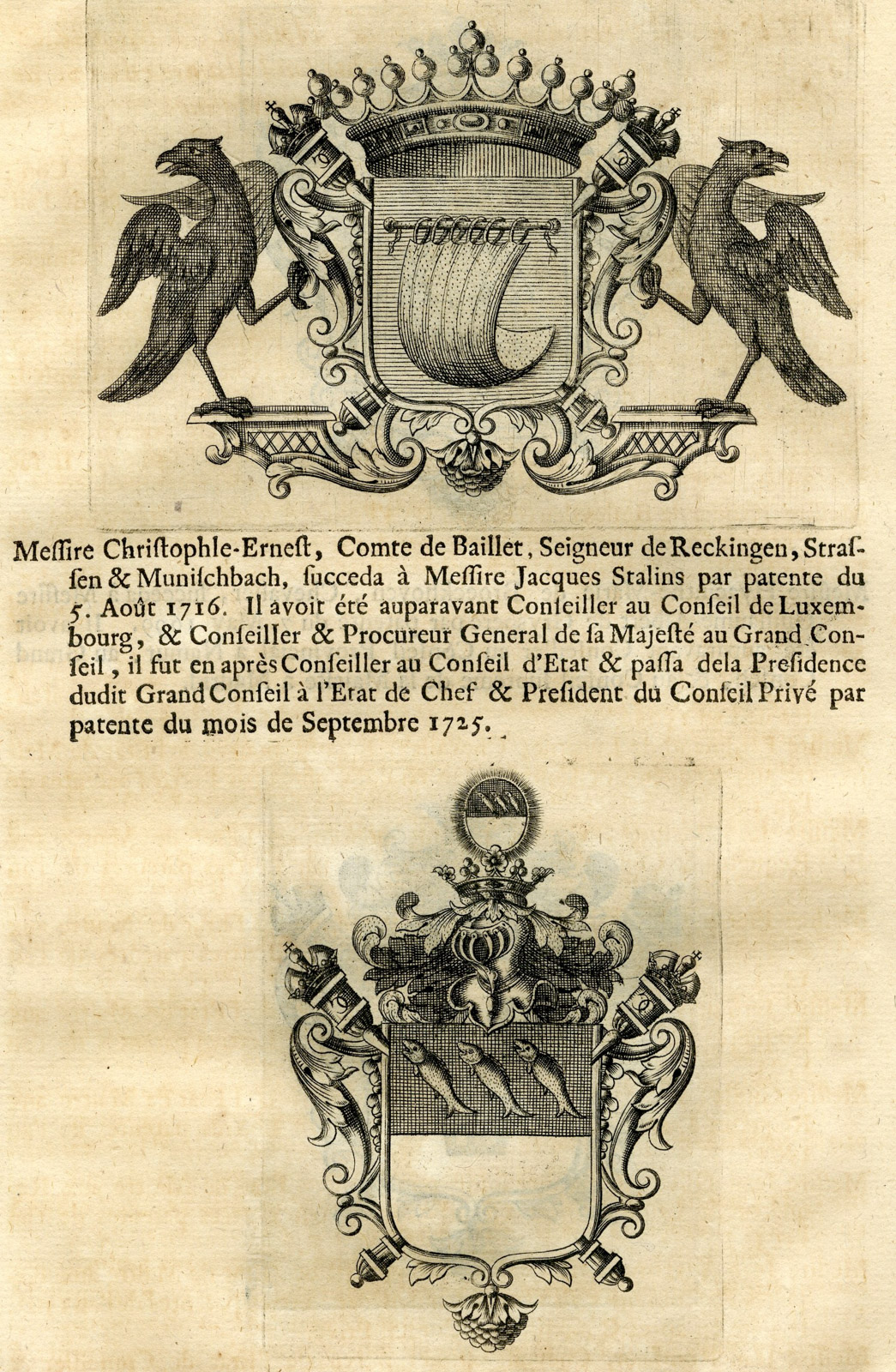 , Antique Print-COAT OF ARMS-BROUCKOVEN-STALINS-BAILLET-VAN VOLDEN-Butkens-1724, Pictura Antique Prints