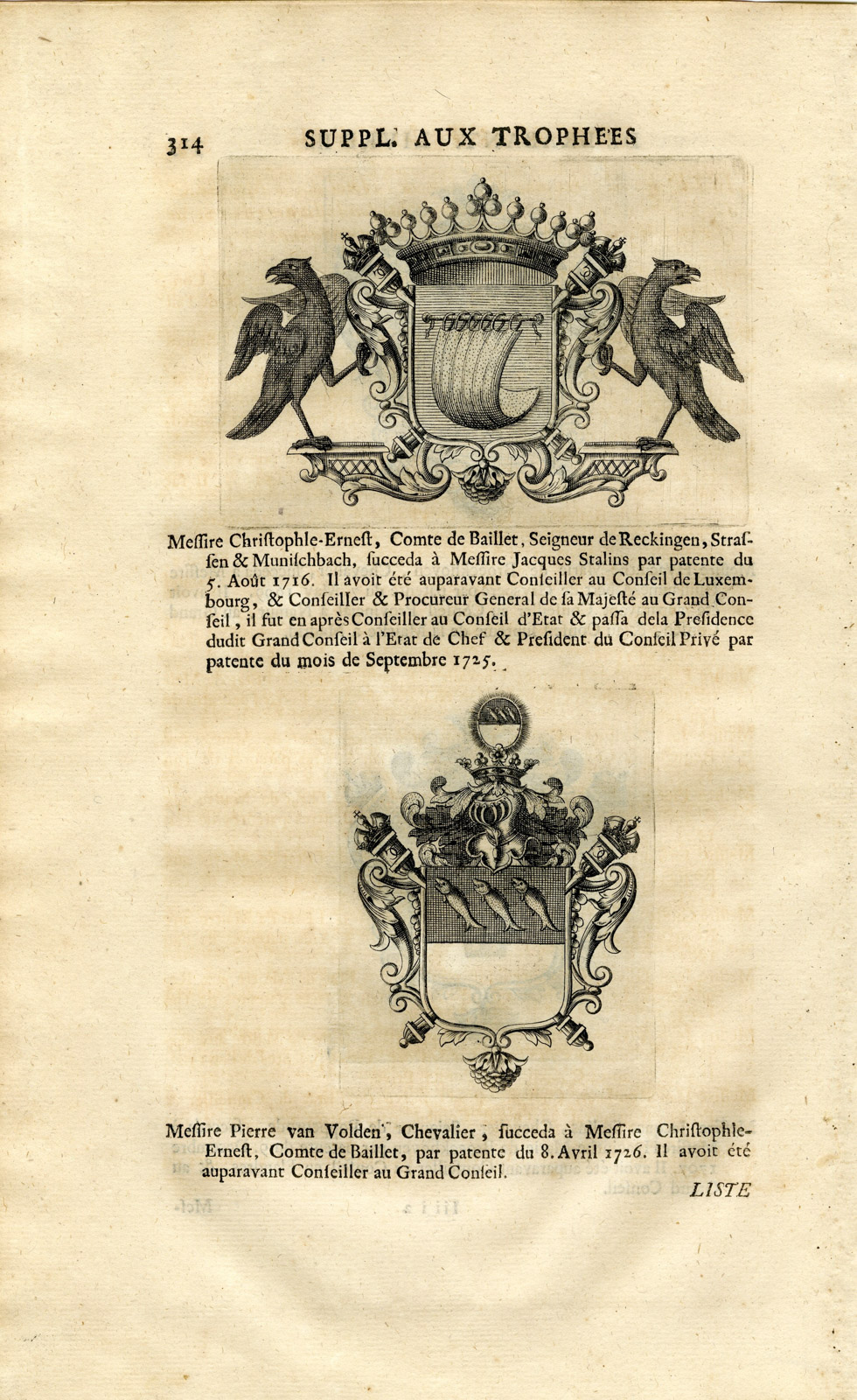 , Antique Print-COAT OF ARMS-BROUCKOVEN-STALINS-BAILLET-VAN VOLDEN-Butkens-1724, Pictura Antique Prints