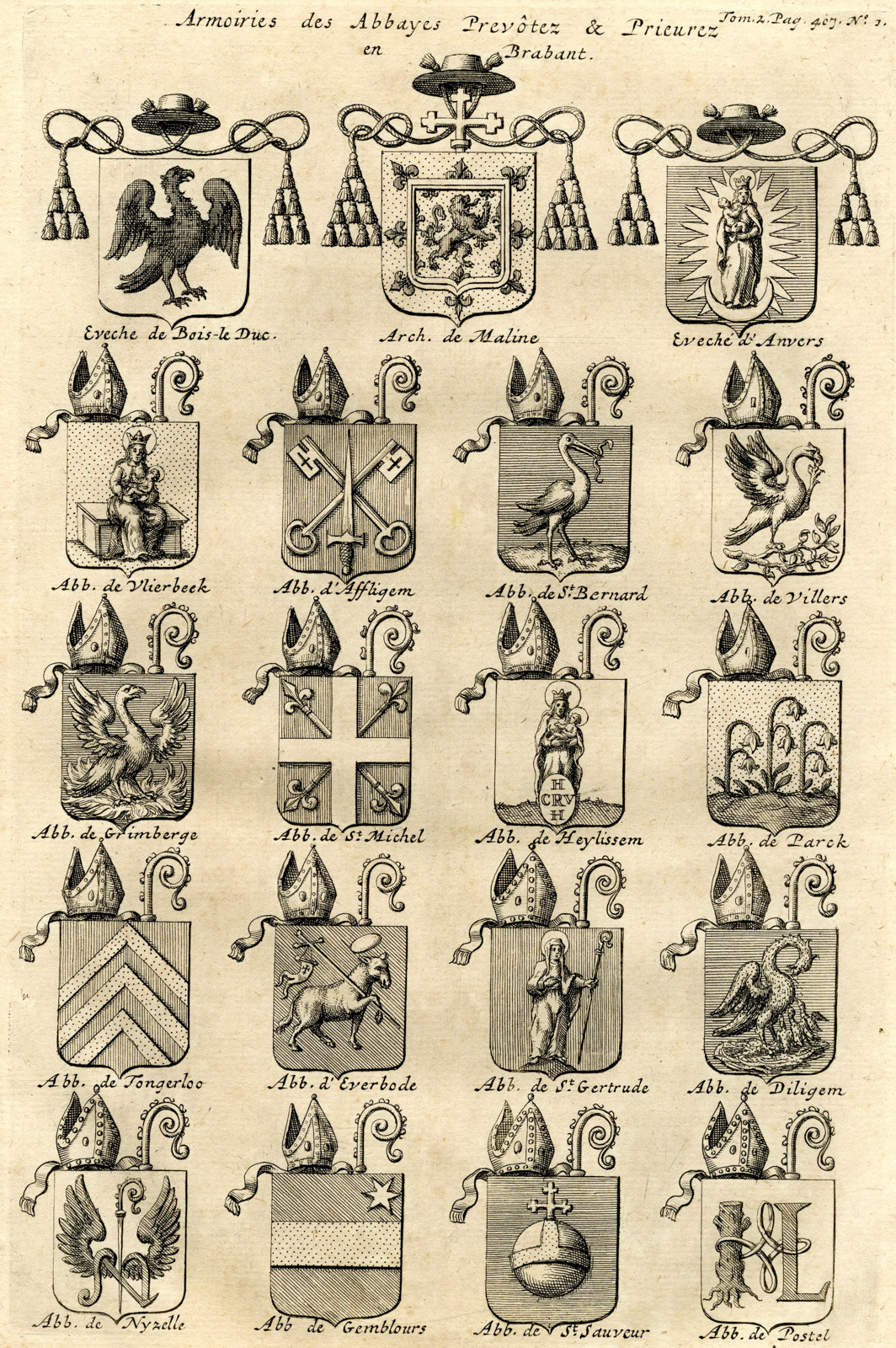 , 3 Antique Prints-COAT OF ARMS-ABBEYS BRABANT-MONASTERIES-CLOISTER-Butkens-1724, Pictura Antique Prints