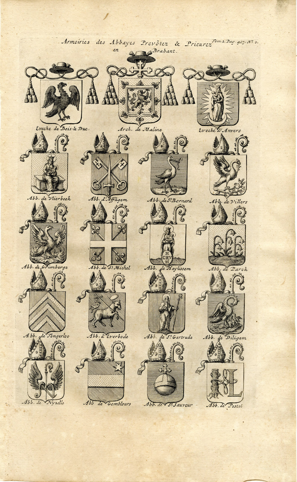 , 3 Antique Prints-COAT OF ARMS-ABBEYS BRABANT-MONASTERIES-CLOISTER-Butkens-1724, Pictura Antique Prints