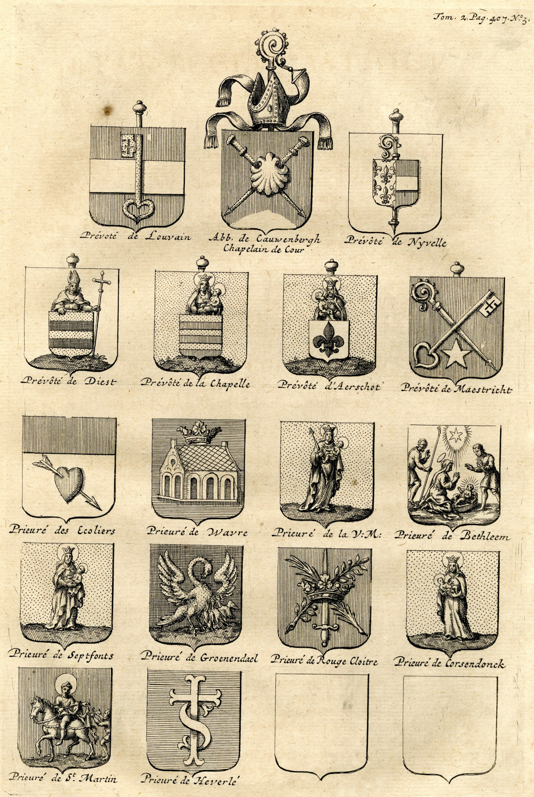 , 3 Antique Prints-COAT OF ARMS-ABBEYS BRABANT-MONASTERIES-CLOISTER-Butkens-1724, Pictura Antique Prints