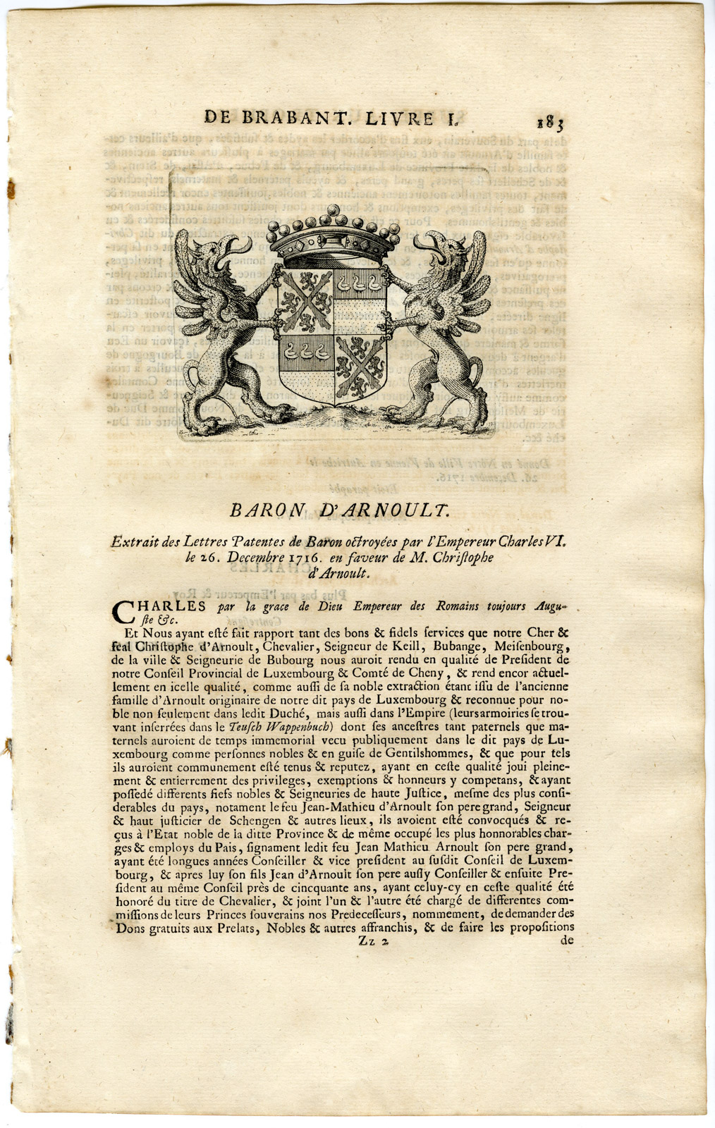 , Antique Print-COAT OF ARMS-ARNOULT-BELGIUM-Butkens-1724, Pictura Antique Prints