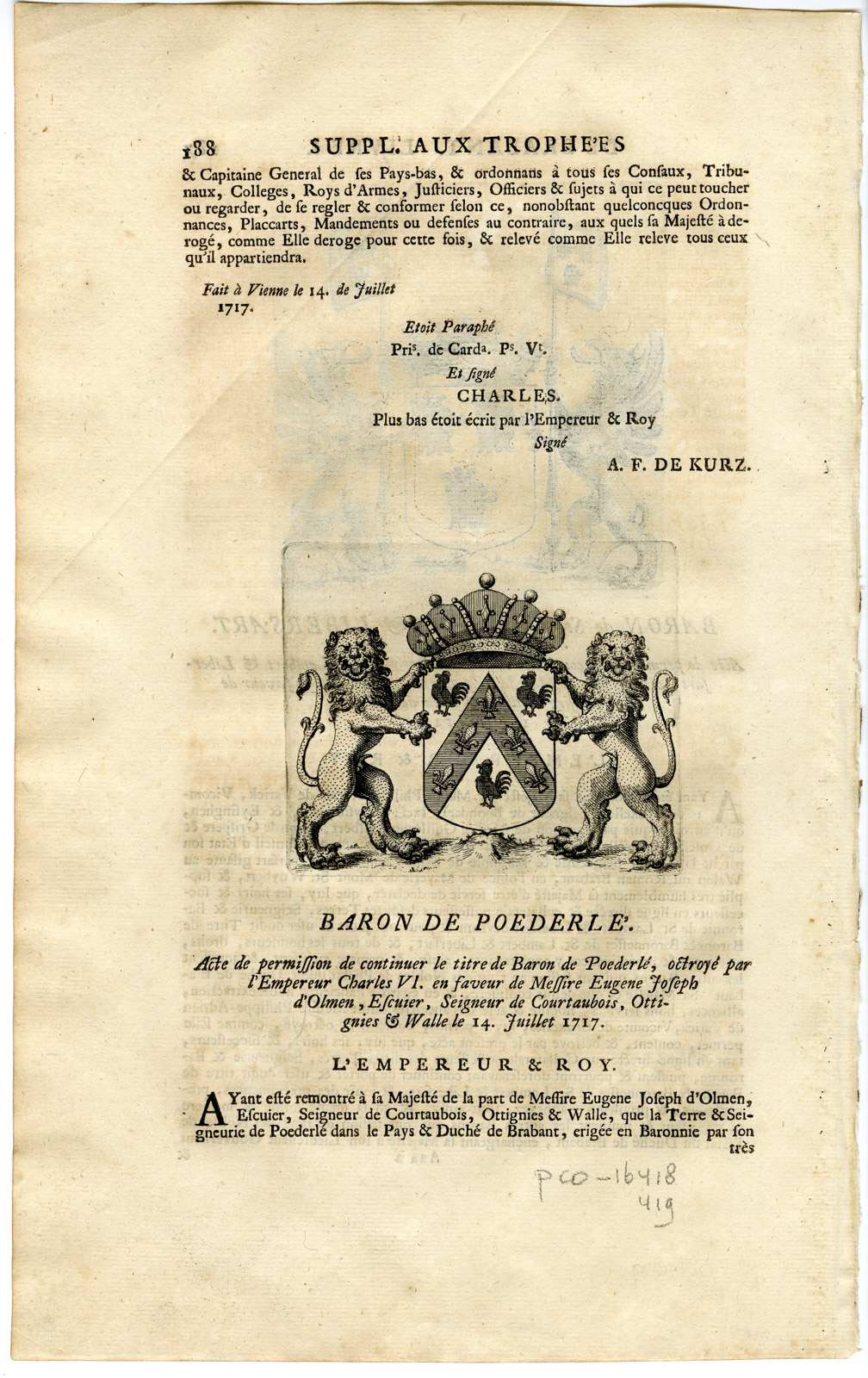 , Antique Print-COAT OF ARMS-SAINT LAMBERT-LIBERSART-POEDERLE-Butkens-1724, Pictura Antique Prints