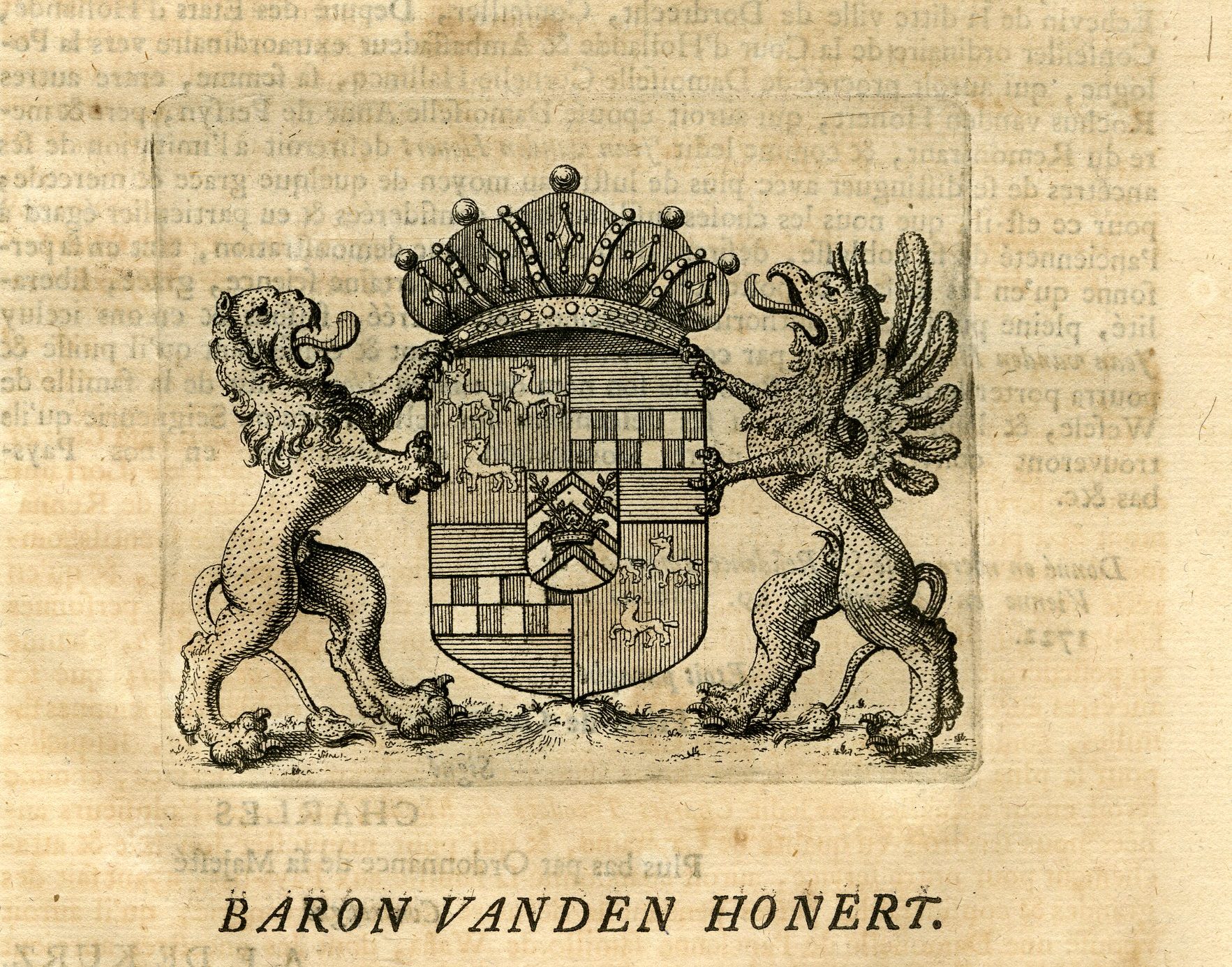 , Antique Print-COAT OF ARMS-VAN DEN HONERT-WESELE-Butkens-1724, Pictura Antique Prints