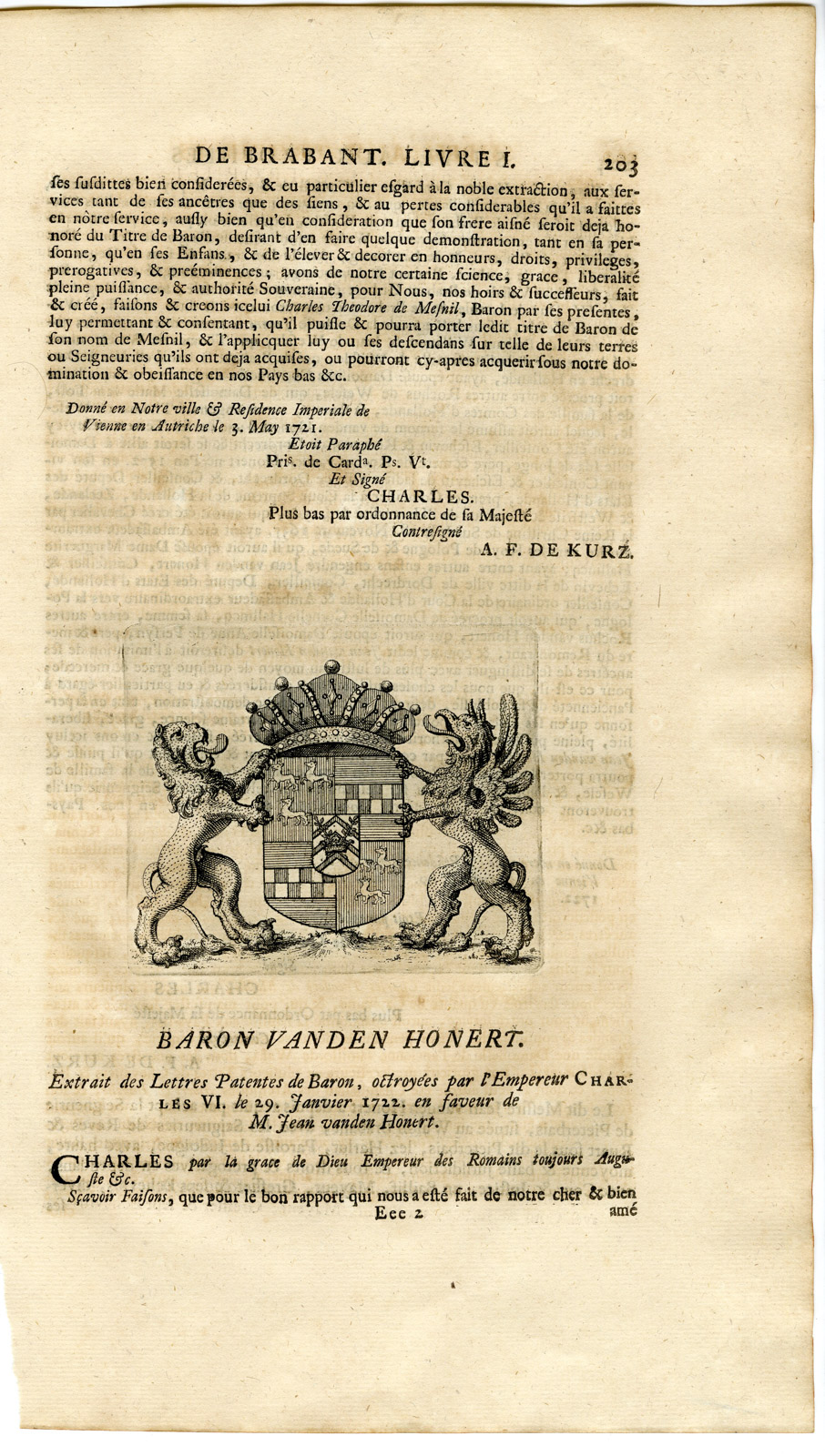 , Antique Print-COAT OF ARMS-VAN DEN HONERT-WESELE-Butkens-1724, Pictura Antique Prints