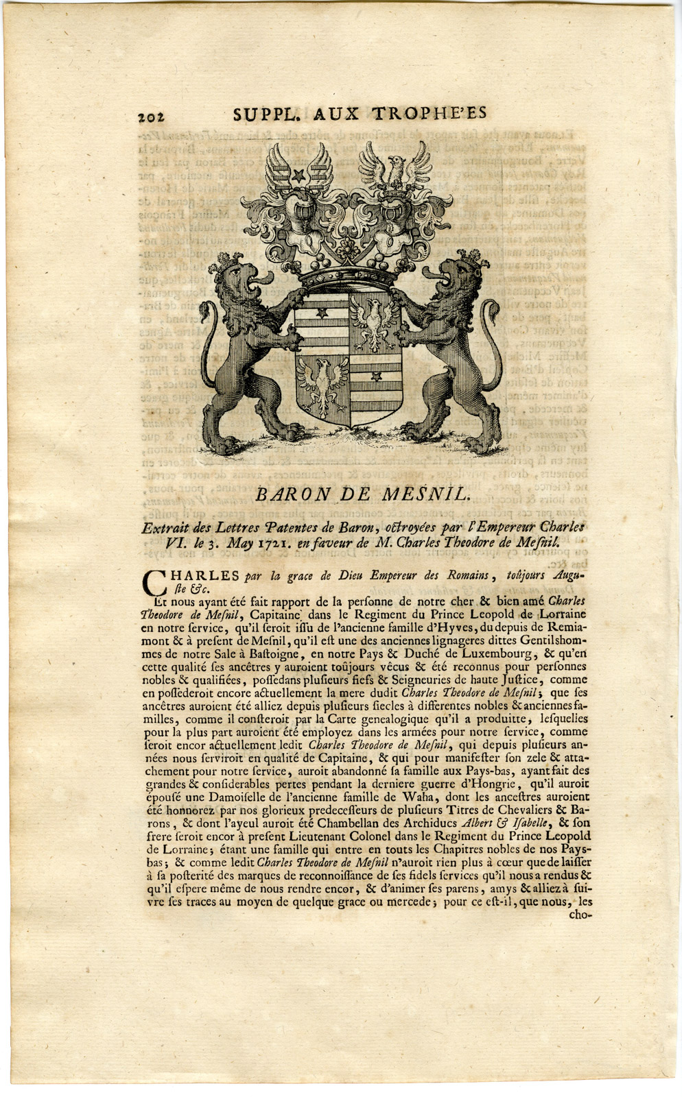 , Antique Print-COAT OF ARMS-MESNIL-NAMEN-BELGIUM-Butkens-1724, Pictura Antique Prints