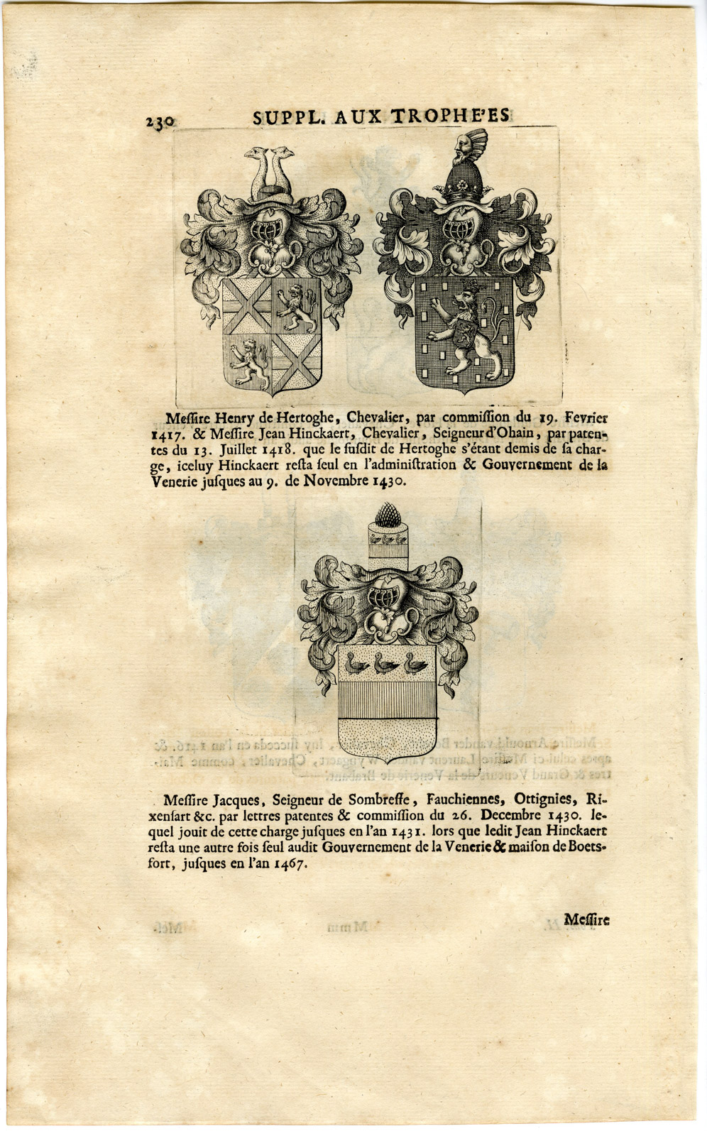 , Antique Print-COAT OF ARMS-HOVE-BORCHT-WIJNGAARD-HERTOG-SOMBRESSE-Butkens-1724, Pictura Antique Prints