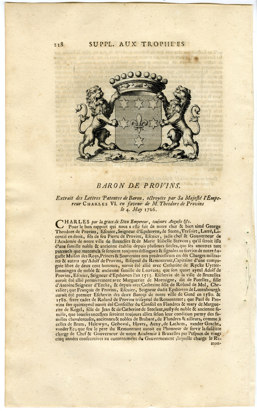 , Antique Print-COAT OF ARMS-BARON DE PROVINS-Butkens-1724, Pictura Antique Prints