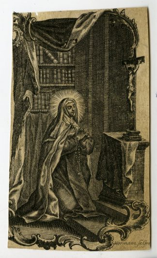 Rare Antique Print-PRAYING NUN-LIBRARY-Herrmann-c.1750