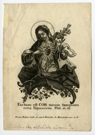 Rare Antique Print-HOLY MARY-HEART-LILIES-Heissig-c.1760