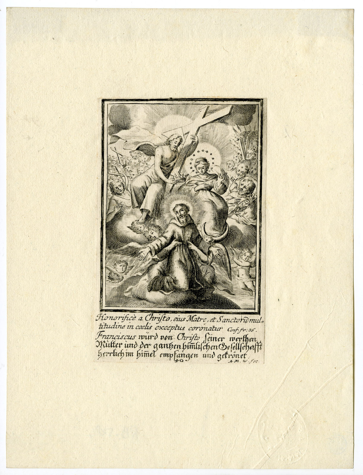 , Rare Antique Print-SAINT FRANCIS WELCOMED IN HEAVEN-Wolfgang-c.1700, Pictura Antique Prints