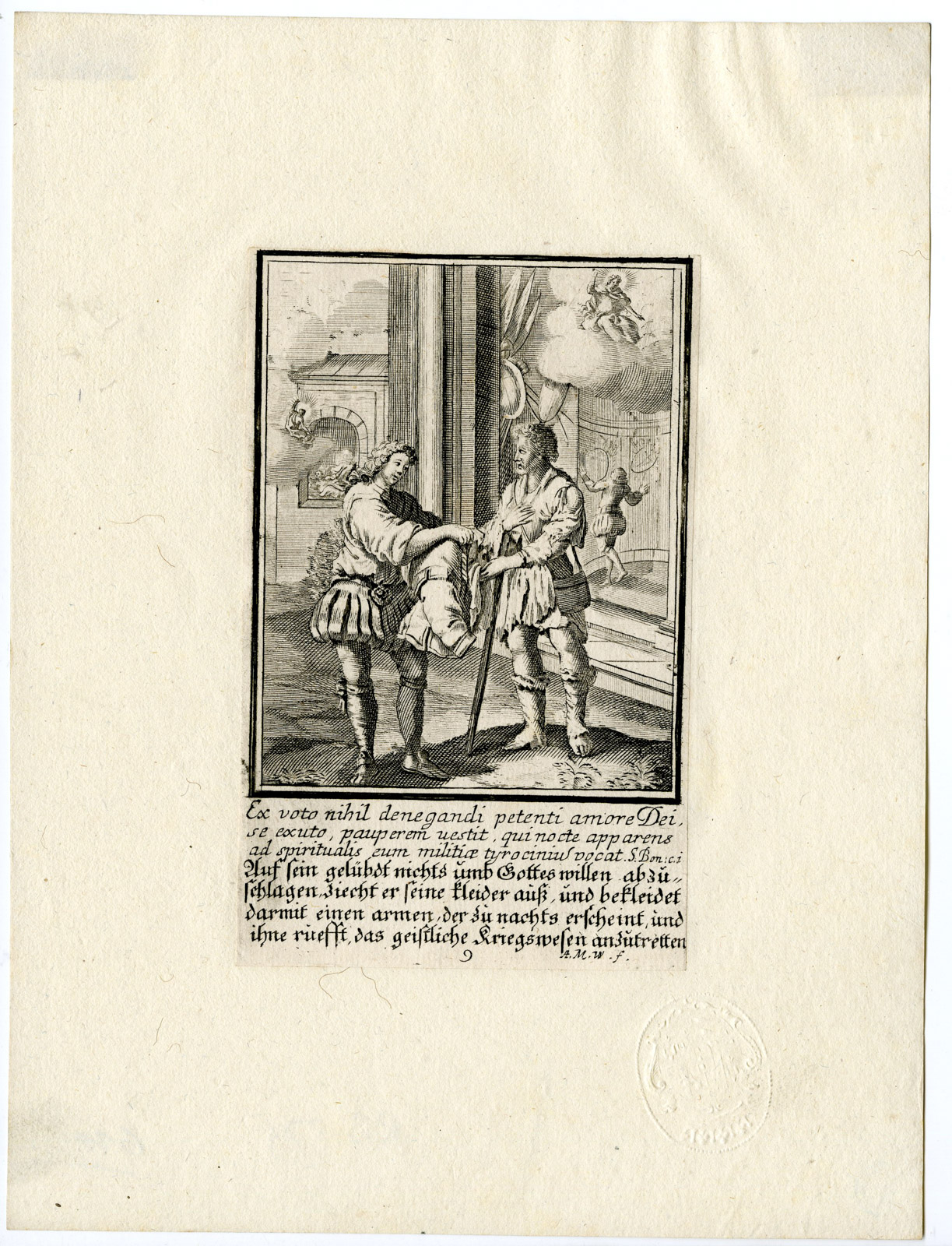 , Rare Antique Print-RICH-POOR MAN-CHARITY-Wolfgang-c.1700, Pictura Antique Prints