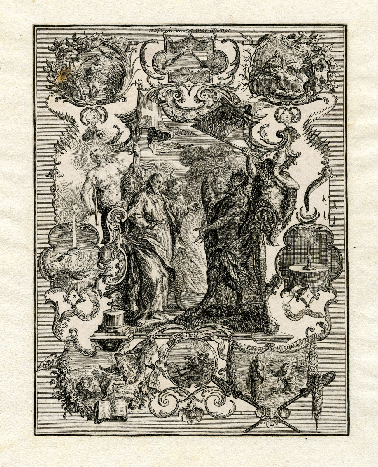 , Rare Antique Print-JESUS MEETS DEVIL-RELIGIOUS SCENES-Goz-Pfeffel-Friedrich-1736, Pictura Antique Prints