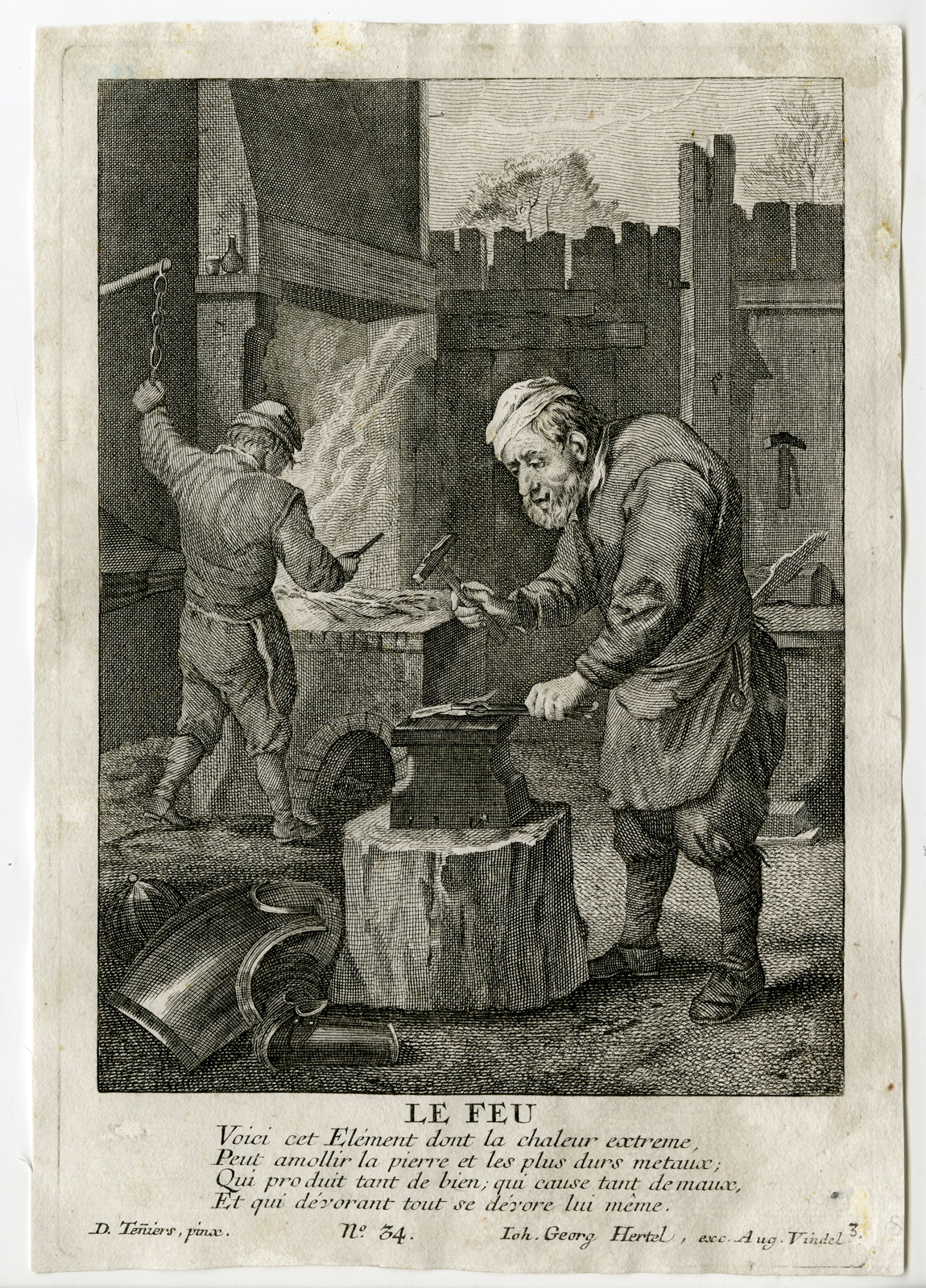 , Antique Master Print-BLACKSMITH-SMITHY-FIRE ELEMENT-Teniers II-Hertel-c.1750, Pictura Antique Prints