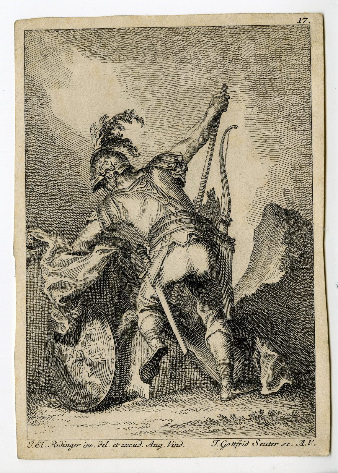 , Antique Master Print-CLASSICAL MILITARY FIGURE-WARRIOR-Ridinger-Seuter-c1780, Pictura Antique Prints