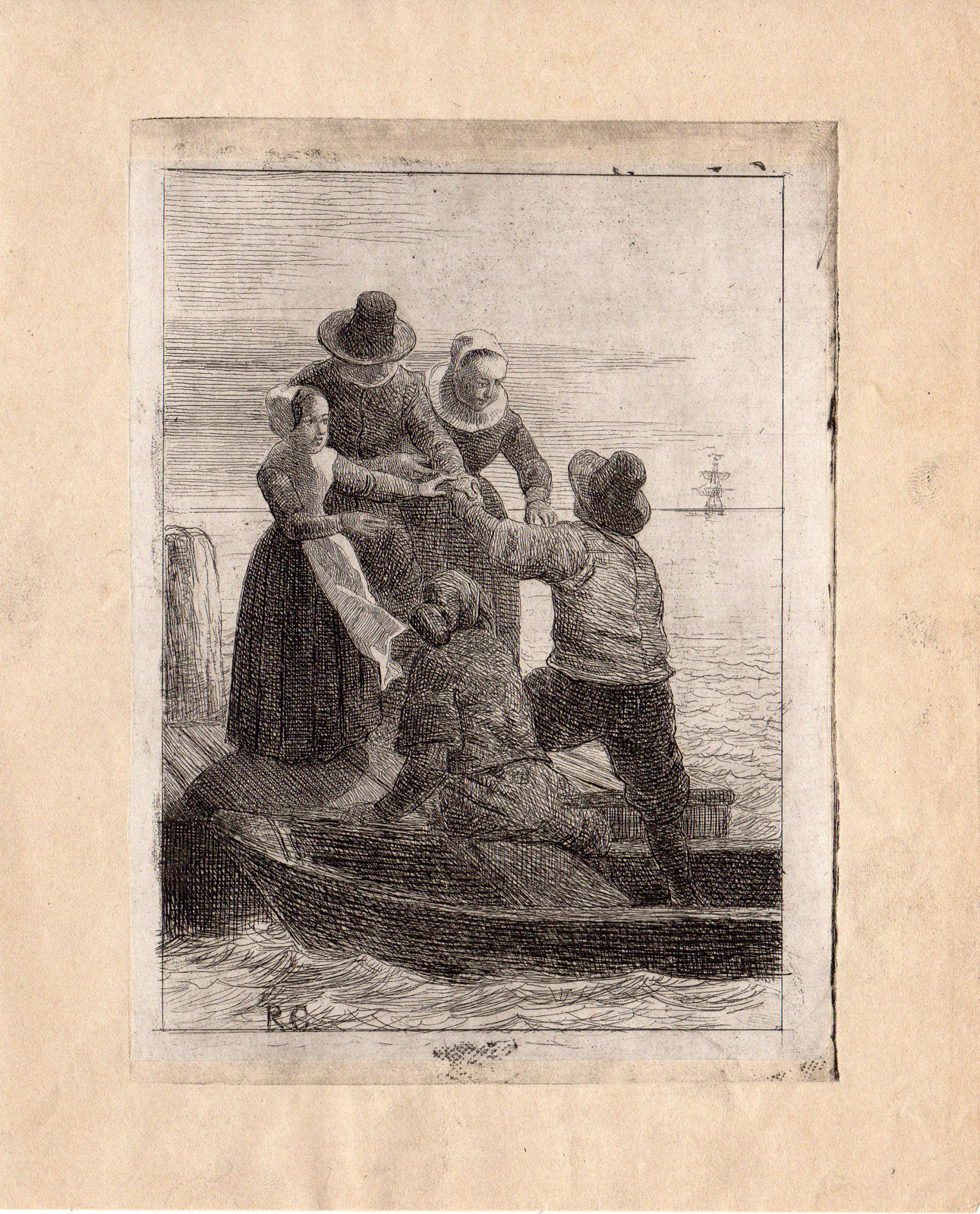 , Antique Master Print-EMBARKMENT FROM A ROWING BOAT-Craeyvanger-circa 1850, Pictura Antique Prints