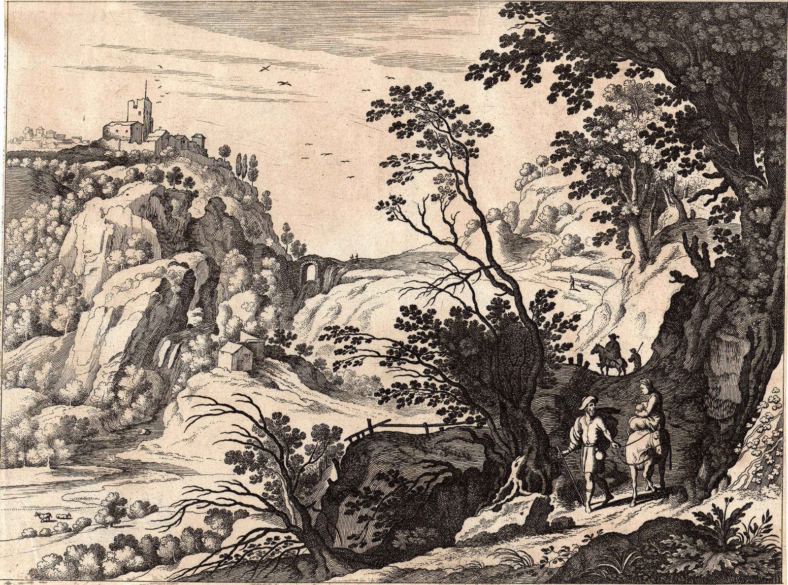 , Antique Master Print-JOSEPH-MARIA-JESUS-FLIGHT TO EGYPT-Bril-van Nieulandt-1630, Pictura Antique Prints