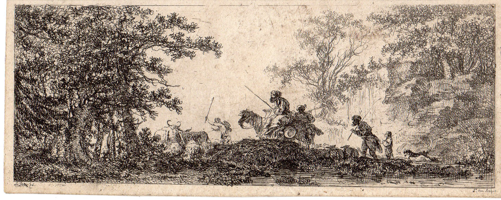 , Antique Master Print-ANIMAL-HORSE-COWS-SHEPARD-MEN-Le Prince-Saint-Non-c. 1750, Pictura Antique Prints
