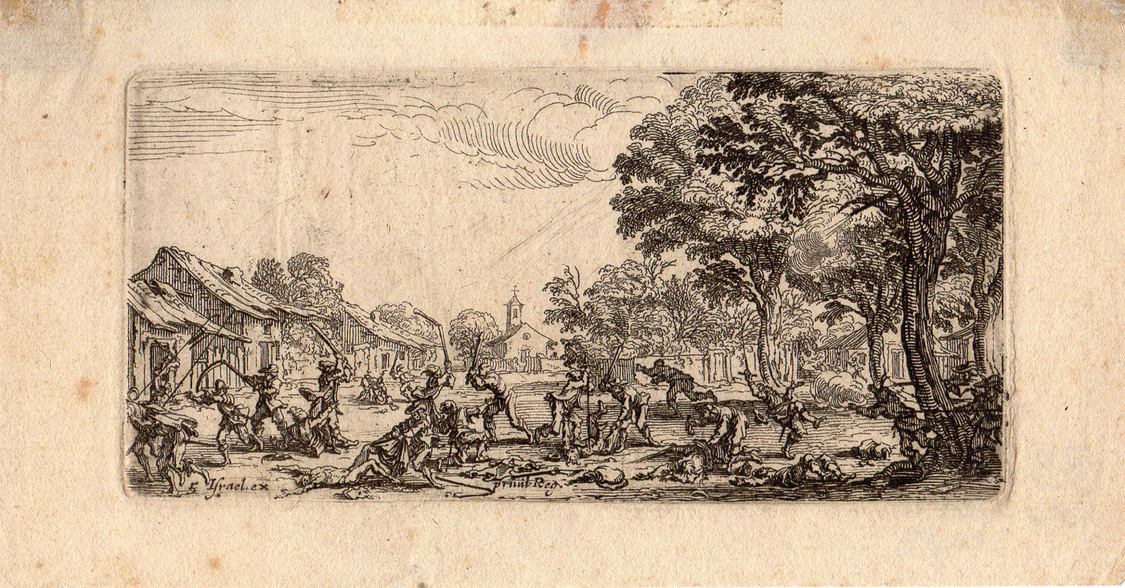 , Antique Master Print-SOLDIERS-SLAUGHTER-SWORDS-VILLAGE-Callot-c.1632, Pictura Antique Prints