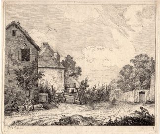 Antique Master Print-COTTAGE-MOTHER-LANDSCAPE-VILLAGE-Anonymous-1755
