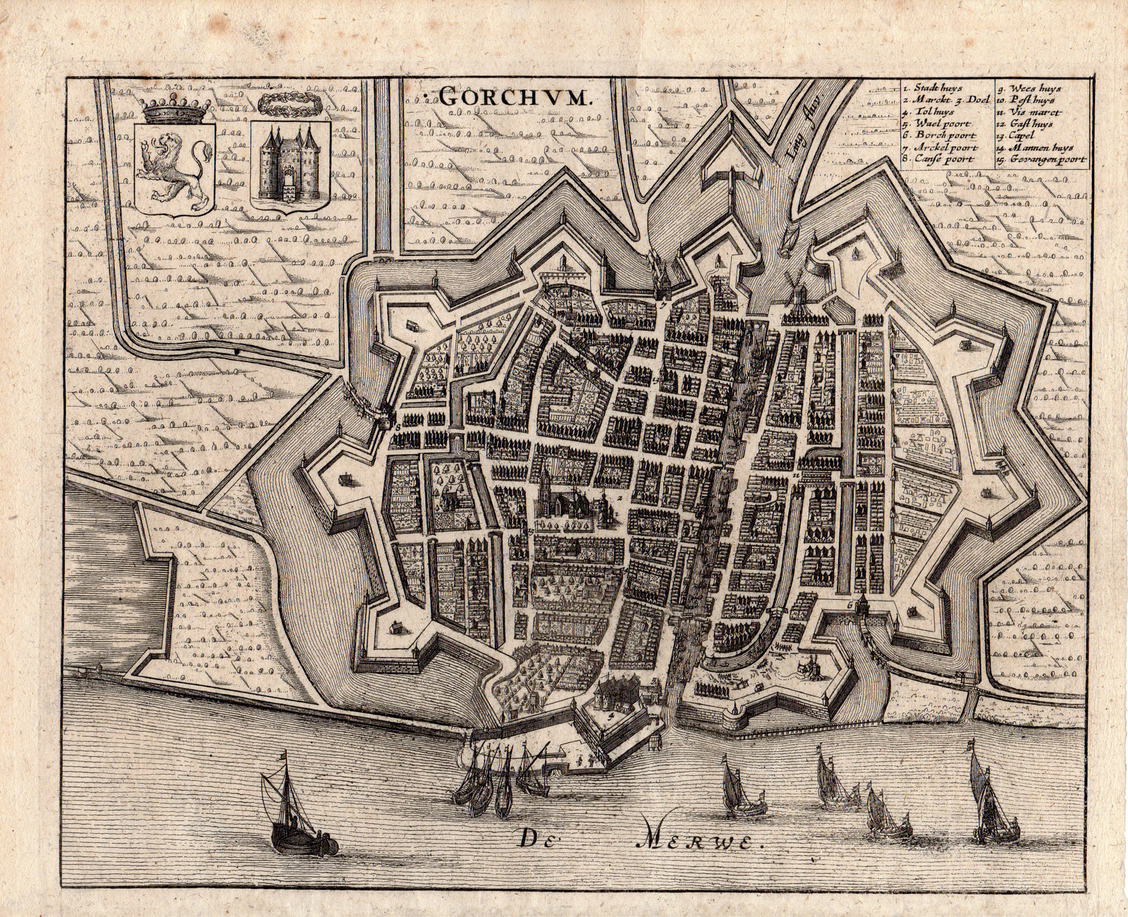 , Antique Print-GORCHUM-GORKUM-GORINCHEM-CITY PLAN-Blaeu-de Wit-1670, Pictura Antique Prints