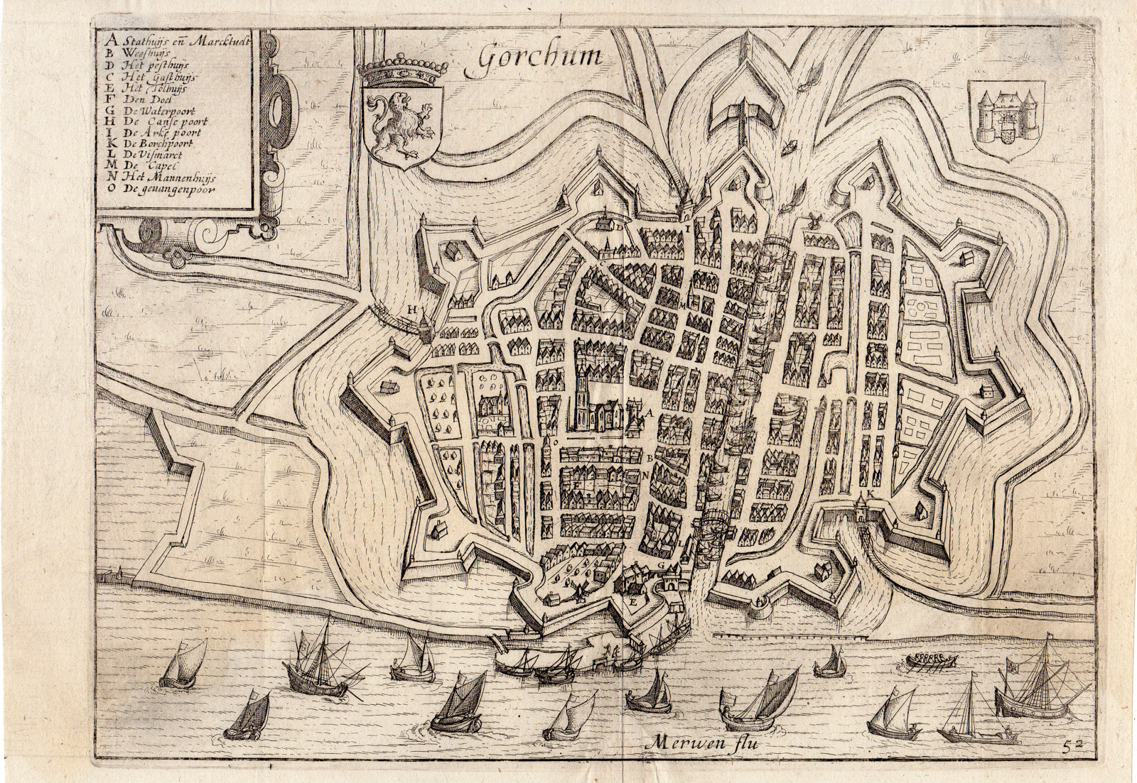 , Antique Print-GORCHUM-GORKUM-GORINCHEM-CITY PLAN-Guicciardini-1613, Pictura Antique Prints