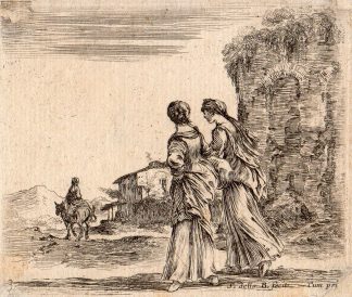 Antique Master Print-TWO WOMEN STROLLING IN LANDSCAPE-della Bella-c. 1648