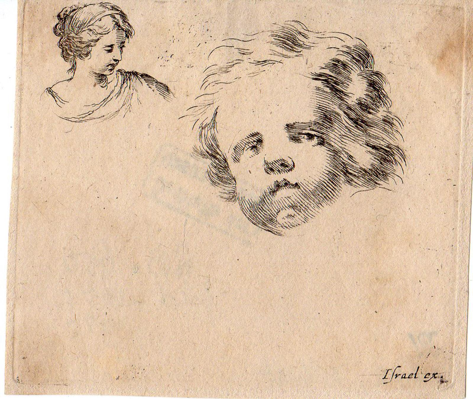 , Antique Master Print-STUDY OF FEMALE AND CHILD HEAD-della Bella-, Pictura Antique Prints
