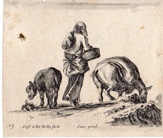 Antique Master Print-WOMAN PEASANT WITH DONKEYS-MULES-della Bella- c. 1644?47