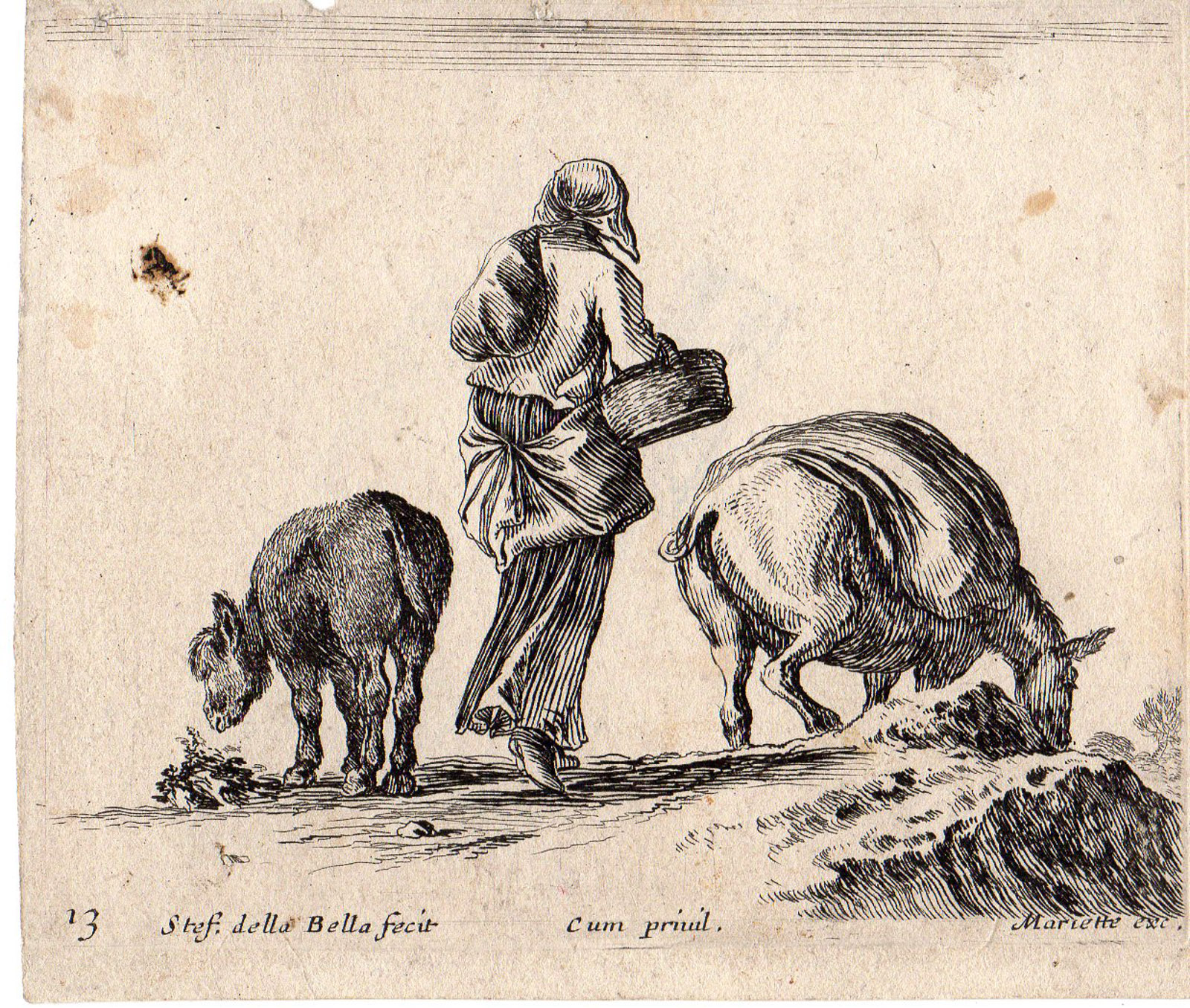, Antique Master Print-WOMAN PEASANT WITH DONKEYS-MULES-della Bella- c. 1644?47, Pictura Antique Prints